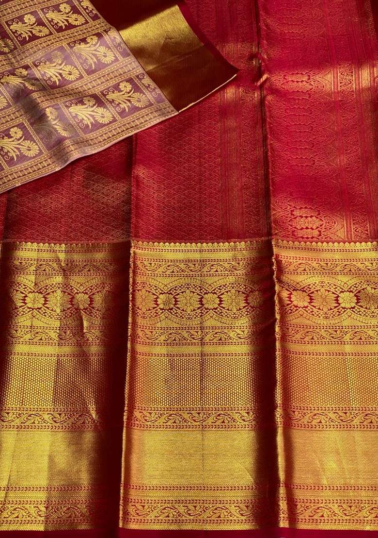 Lavender And Red Pure Tissue Kanchipuram Silk Saree With Traditional Woven Design For Women - Indya
