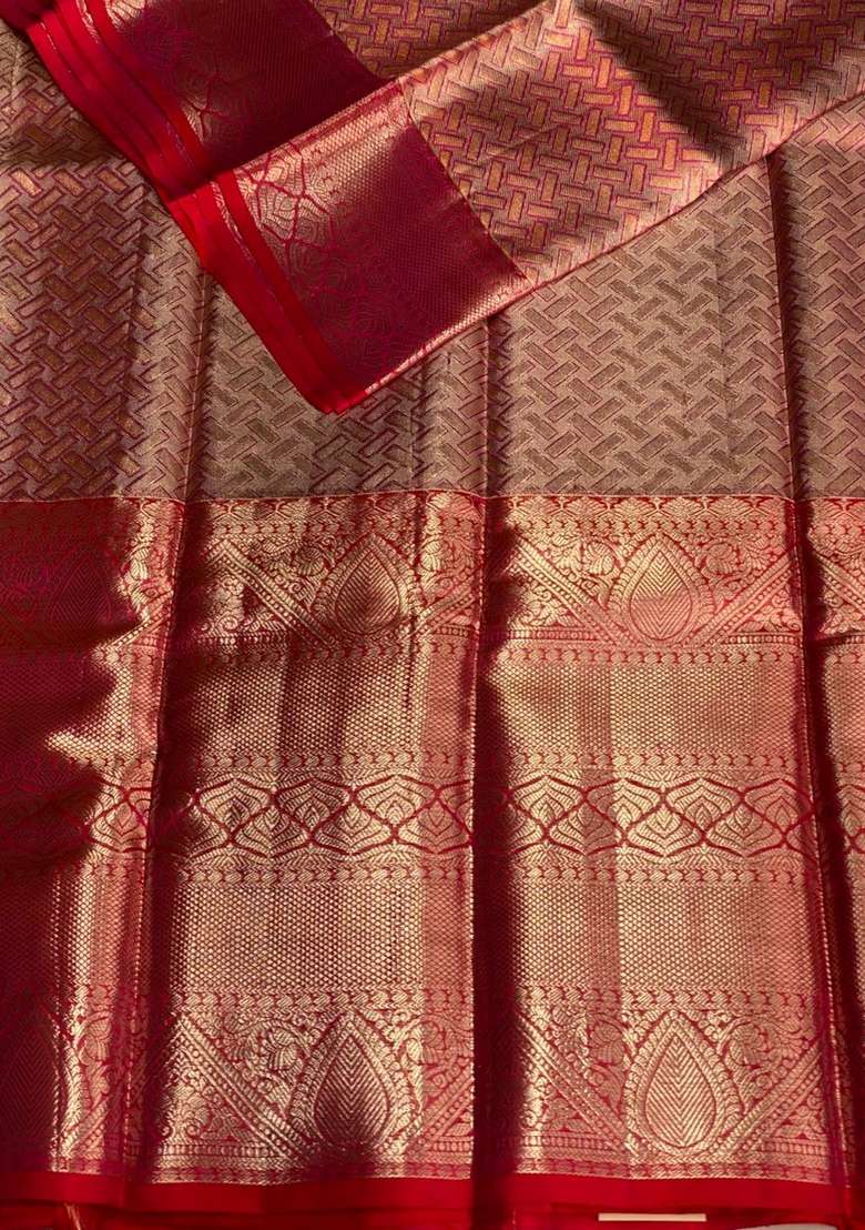 Pink And Red Pure Tissue Kanchipuram Silk Saree With Traditional Woven Design For Women - Indya