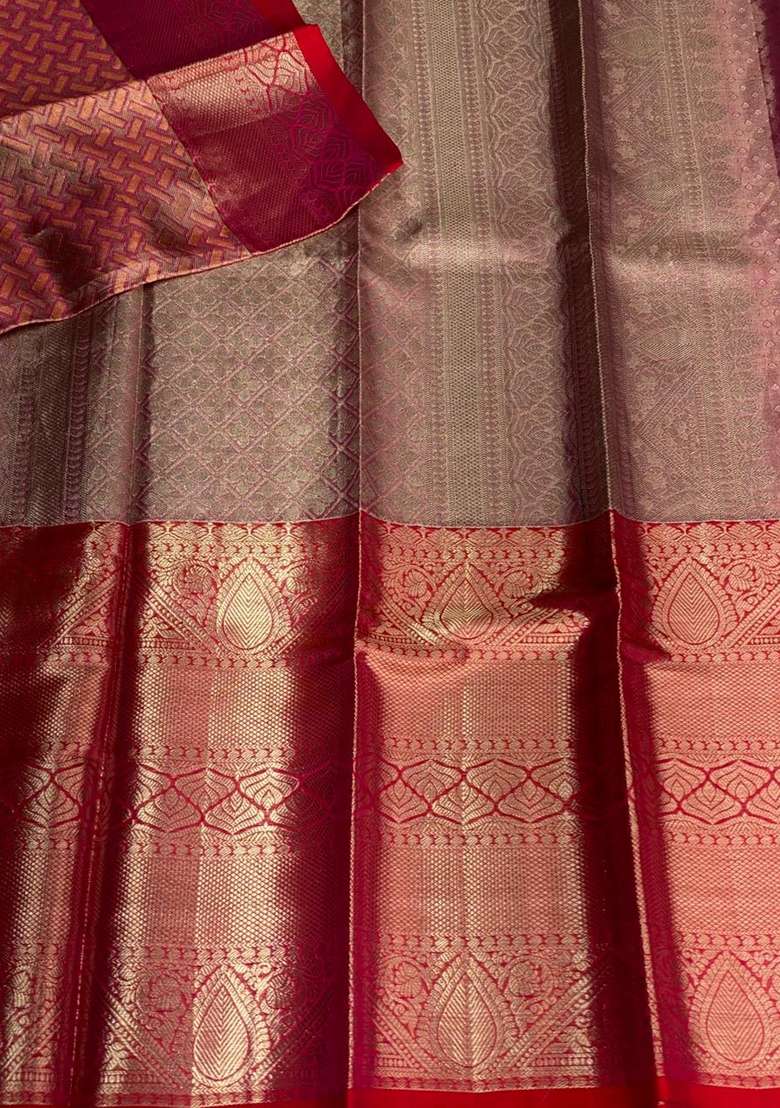 Pink And Red Pure Tissue Kanchipuram Silk Saree With Traditional Woven Design For Women - Indya