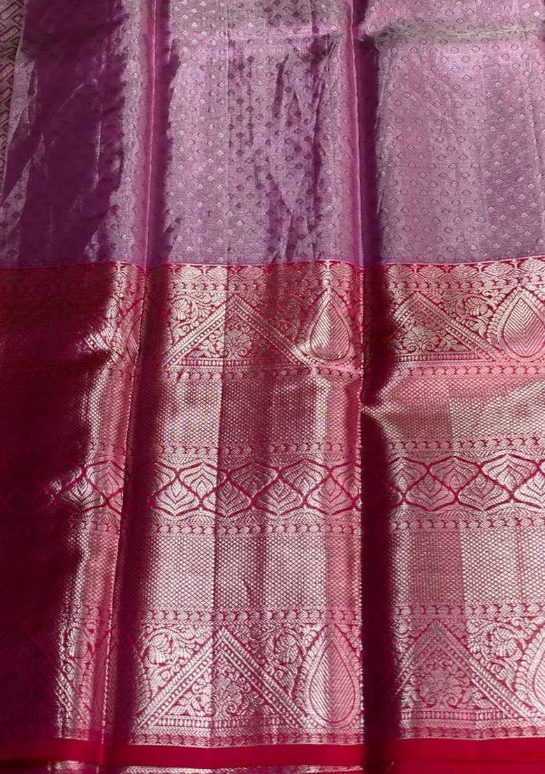 Pink And Red Pure Tissue Kanchipuram Silk Saree With Traditional Woven Design For Women - Indya