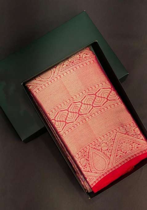 Pink And Red Pure Tissue Kanchipuram Silk Saree With Traditional Woven Design For Women