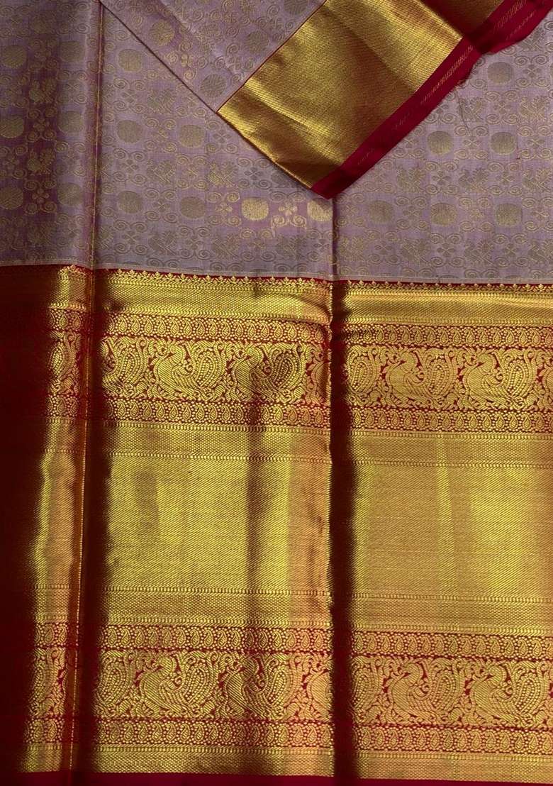 Lavender And Red Pure Tissue Kanchipuram Silk Saree With Traditional Woven Design For Women - Indya