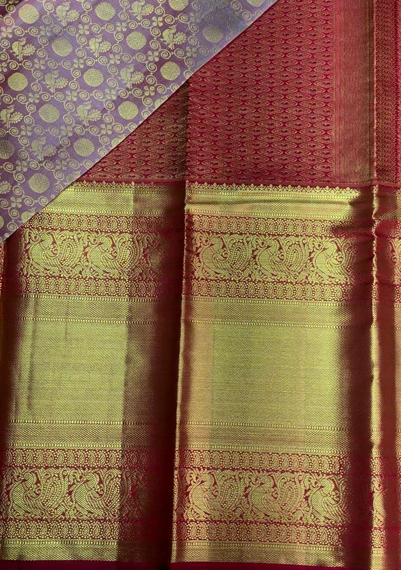 Lavender And Red Pure Tissue Kanchipuram Silk Saree With Traditional Woven Design For Women - Indya