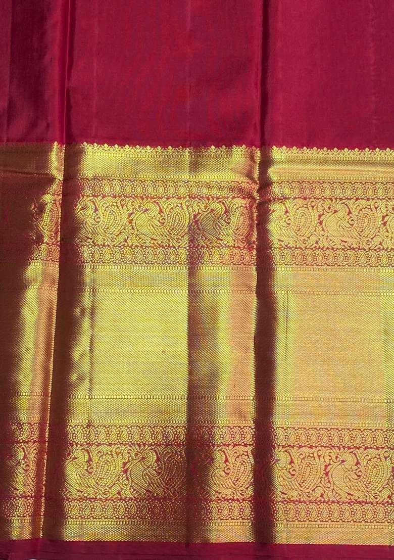 Lavender And Red Pure Tissue Kanchipuram Silk Saree With Traditional Woven Design For Women - Indya