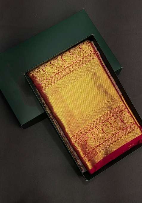 Lavender And Red Pure Tissue Kanchipuram Silk Saree With Traditional Woven Design For Women