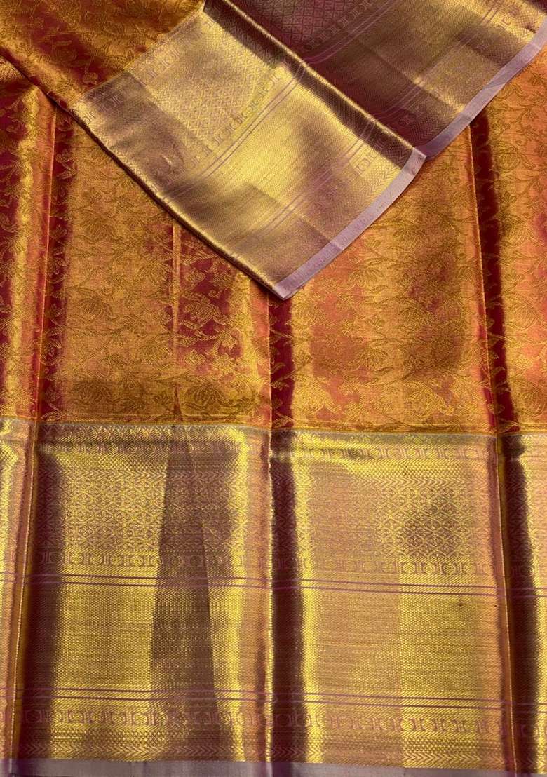Gold Pure Tissue Kanchipuram Silk Saree With Traditional Woven Design For Women - Indya