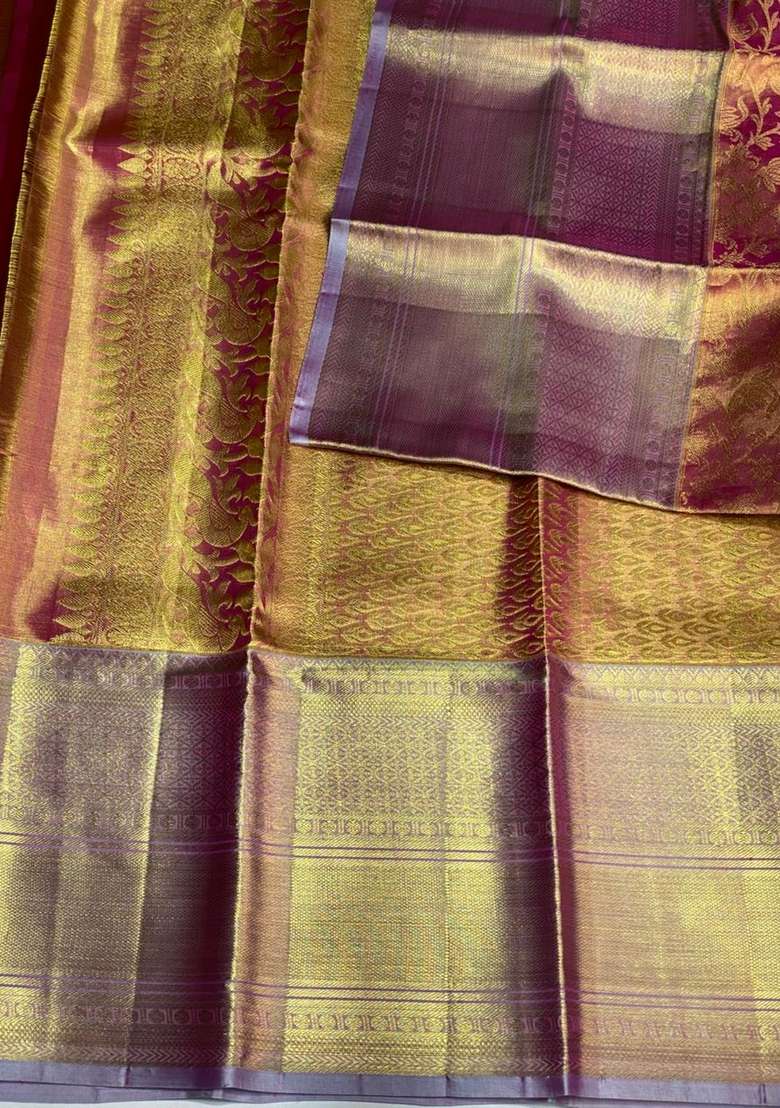 Gold Pure Tissue Kanchipuram Silk Saree With Traditional Woven Design For Women - Indya