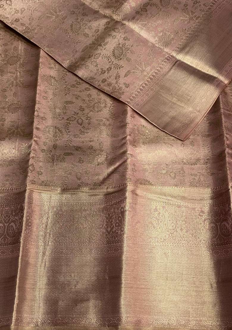 Nude Lavender Pink Tissue Kanchipuram Silk Saree With Traditional Woven Design For Women - Indya