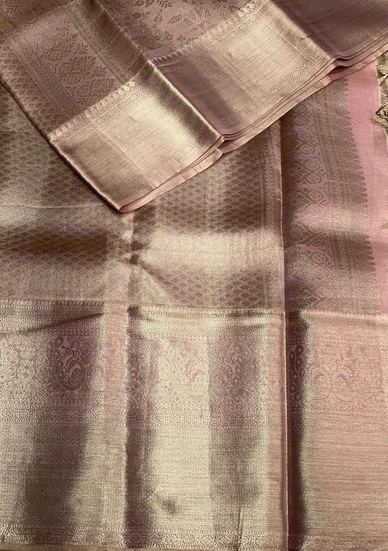 Nude Lavender Pink Tissue Kanchipuram Silk Saree With Traditional Woven Design For Women - Indya