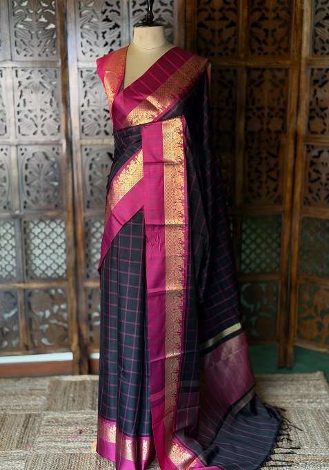 Black And Magenta Semi Banarasi Silk Saree With Traditional Woven Design For Women