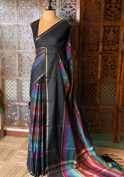 Black Semi Banarasi Silk Saree With Traditional Woven Design For Women