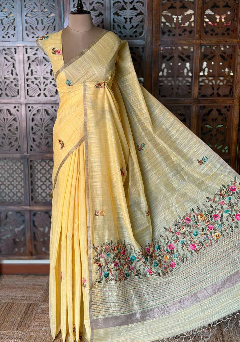 Yellow Organza Tissue Saree With Traditional Woven Design For Women - Indya