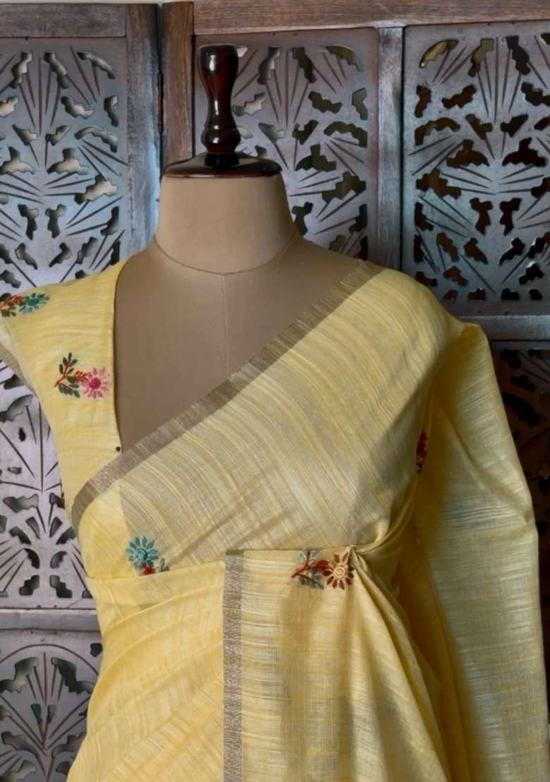 Yellow Organza Tissue Saree With Traditional Woven Design For Women - Indya