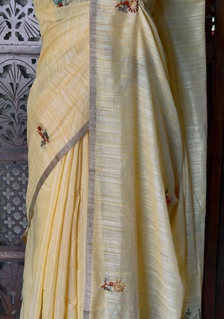Yellow Organza Tissue Saree With Traditional Woven Design For Women - Indya