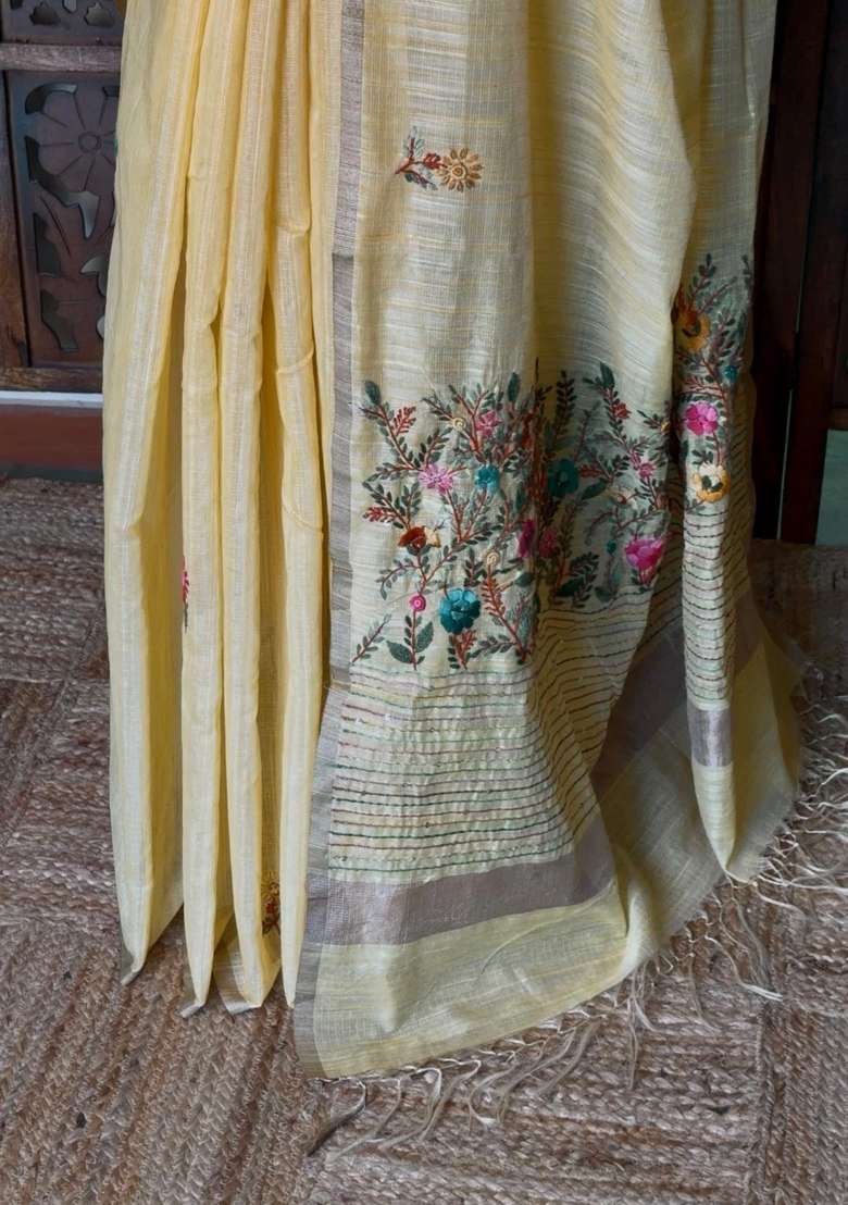 Yellow Organza Tissue Saree With Traditional Woven Design For Women - Indya