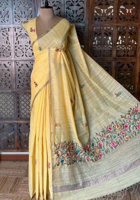 Yellow Organza Tissue Saree With Traditional Woven Design For Women