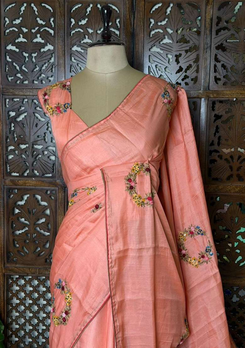 Peach Soft Tusser Silk Tussar Saree With Traditional Woven Design For Women - Indya