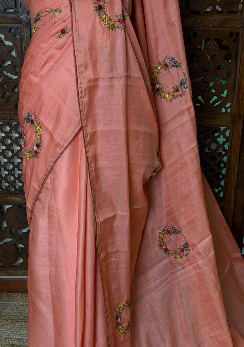 Peach Soft Tusser Silk Tussar Saree With Traditional Woven Design For Women - Indya