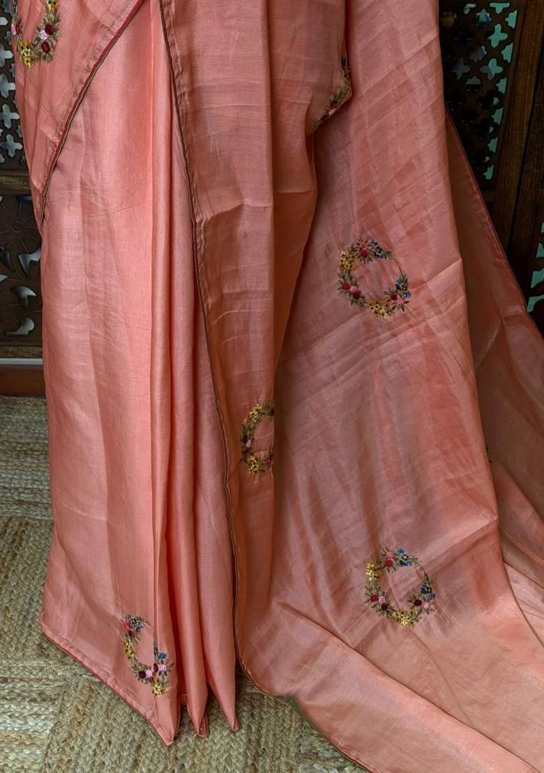 Peach Soft Tusser Silk Tussar Saree With Traditional Woven Design For Women - Indya