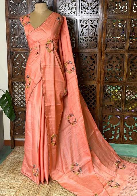 Peach Soft Tusser Silk Tussar Saree With Traditional Woven Design For Women