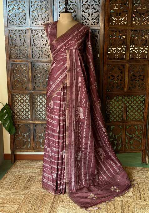 Deep Burgundy Tusser Silk Tussar Saree With Traditional Woven Design For Women