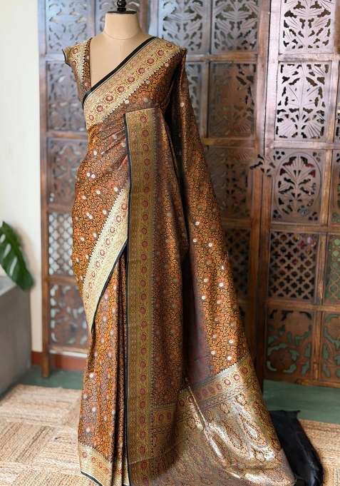 Black Pure Jamwar Tanchui Banarasi Pure Silk Saree With Traditional Woven Design For Women