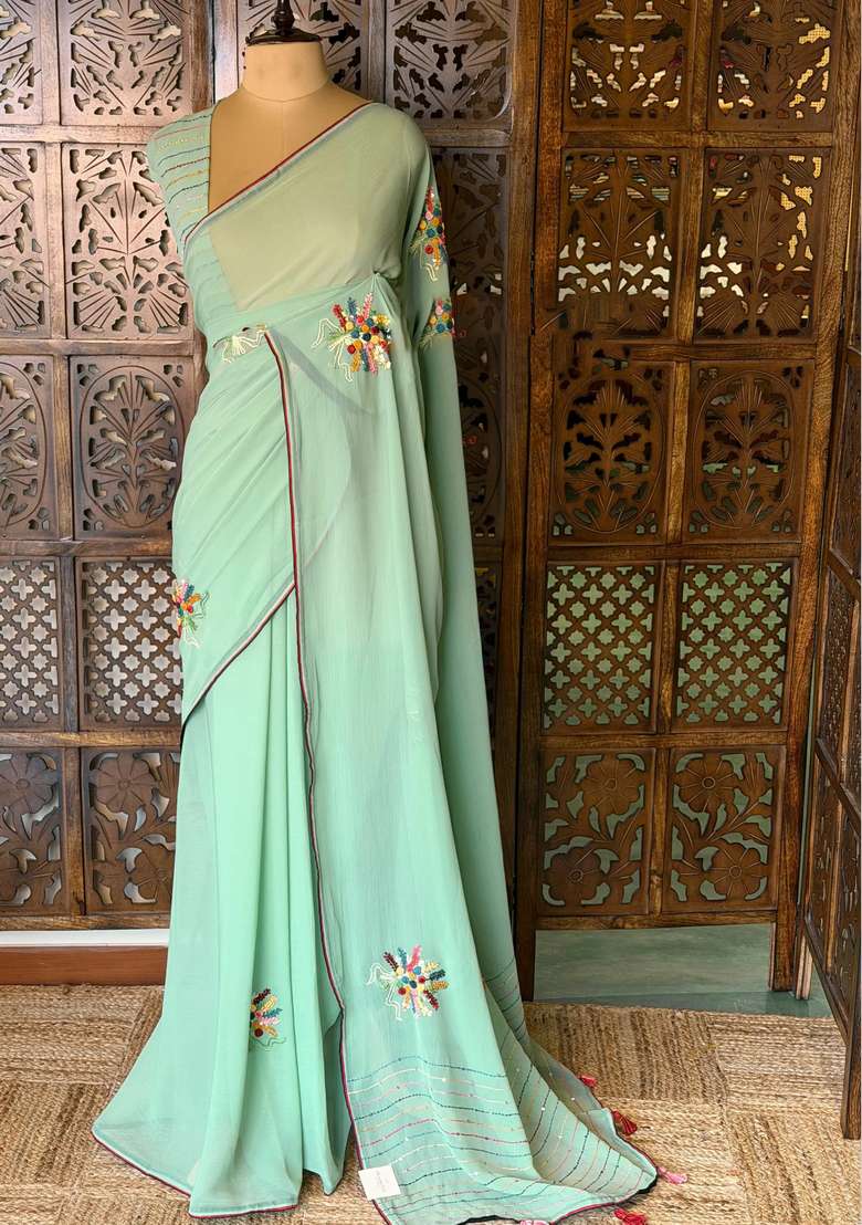 Pastal Green Soft Chiffon Saree With Traditional Woven Design For Women - Indya