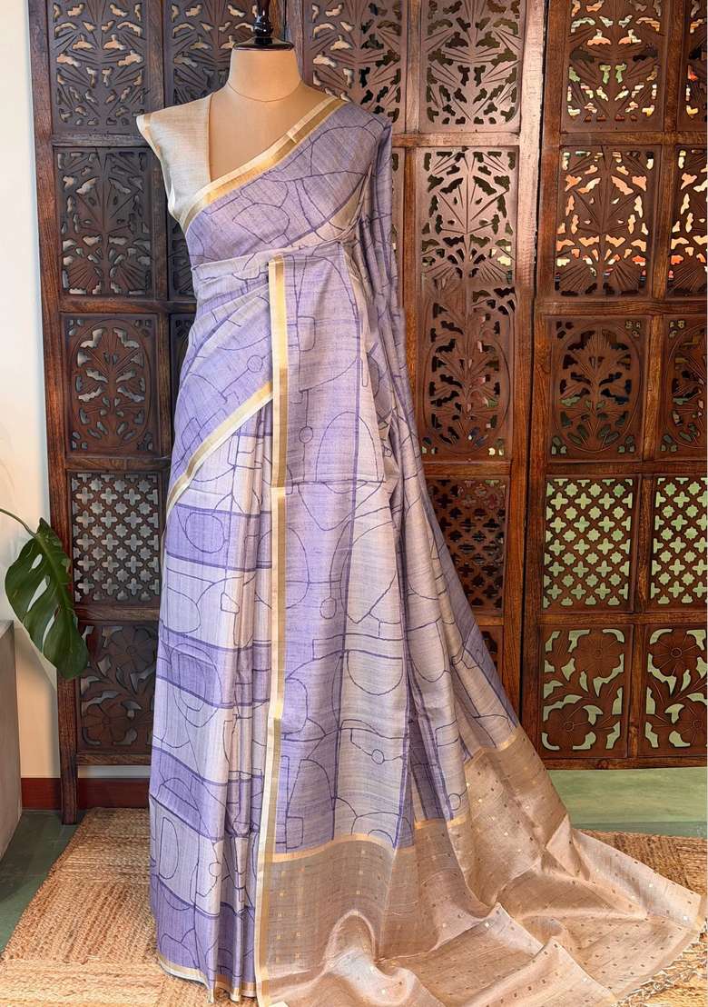 Lavender Soft Tusser Silk Tussar Saree With Traditional Woven Design For Women - Indya