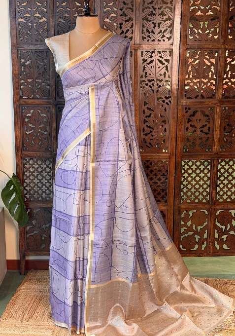Lavender Soft Tusser Silk Tussar Saree With Traditional Woven Design For Women