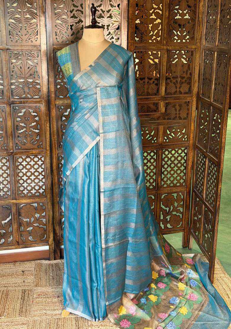 Teal Blue Jute Tissue Saree With Traditional Woven Design For Women - Indya