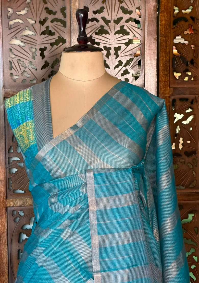 Teal Blue Jute Tissue Saree With Traditional Woven Design For Women - Indya