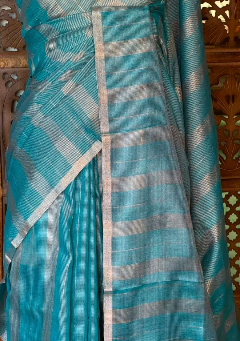 Teal Blue Jute Tissue Saree With Traditional Woven Design For Women - Indya
