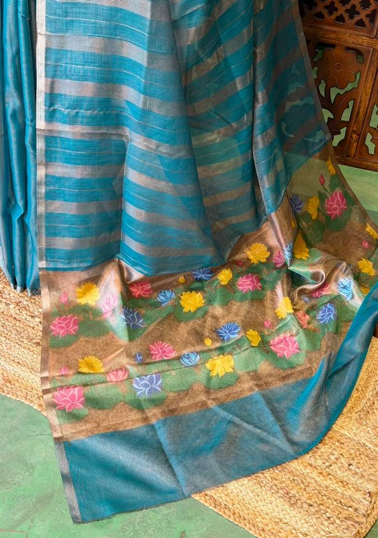 Teal Blue Jute Tissue Saree With Traditional Woven Design For Women - Indya