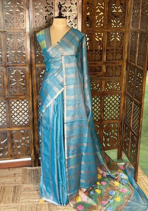 Teal Blue Jute Tissue Saree With Traditional Woven Design For Women