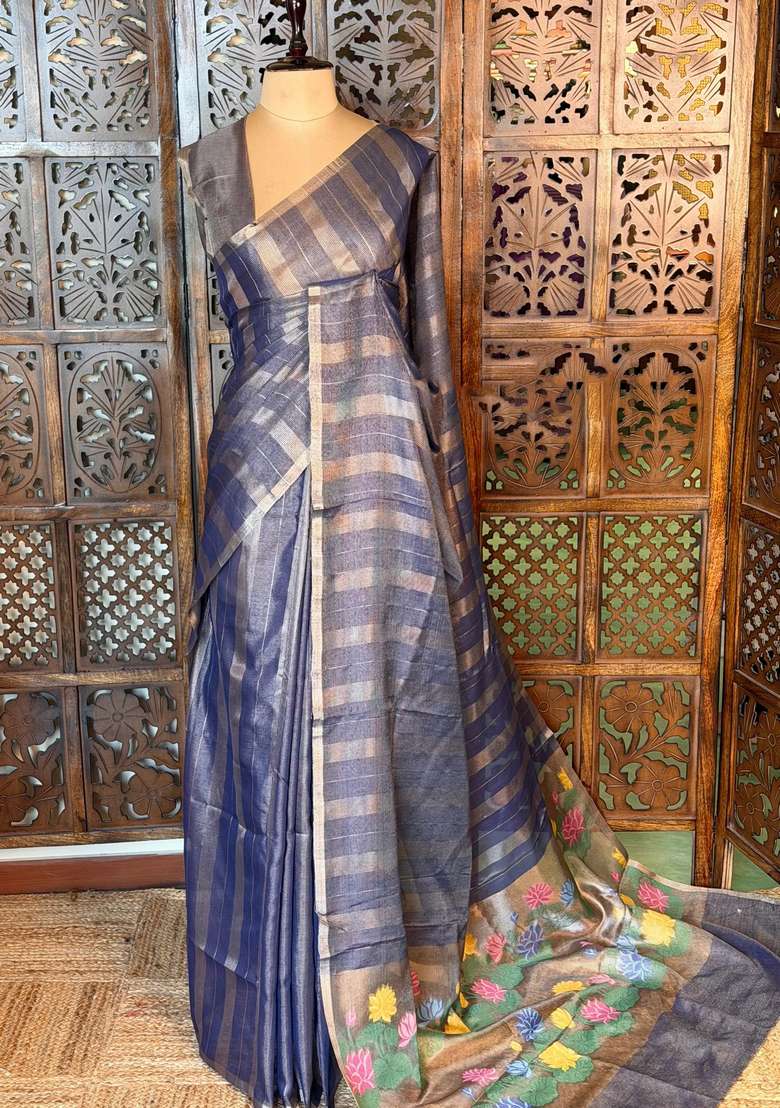 Blue Jute Tissue Saree With Traditional Woven Design For Women - Indya