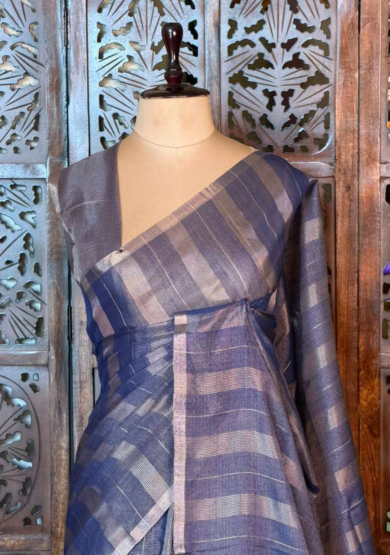Blue Jute Tissue Saree With Traditional Woven Design For Women - Indya