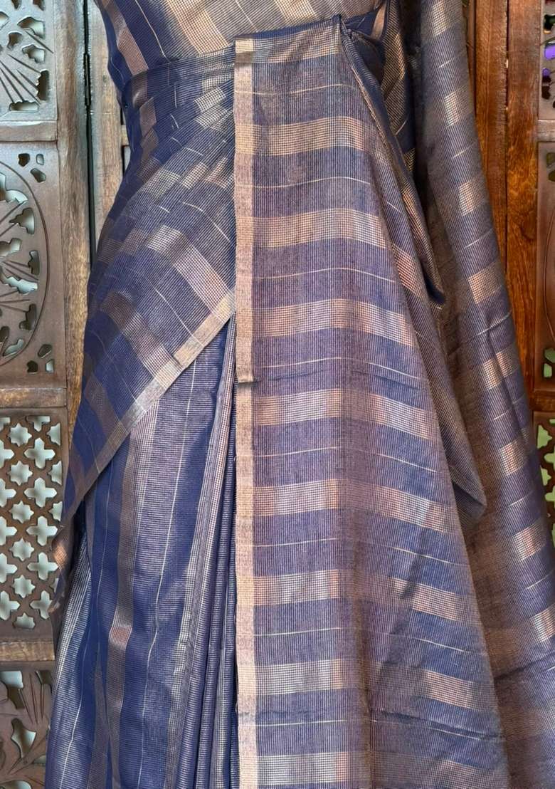 Blue Jute Tissue Saree With Traditional Woven Design For Women - Indya