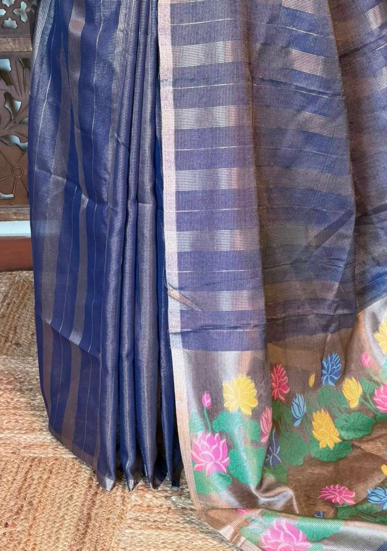 Blue Jute Tissue Saree With Traditional Woven Design For Women - Indya