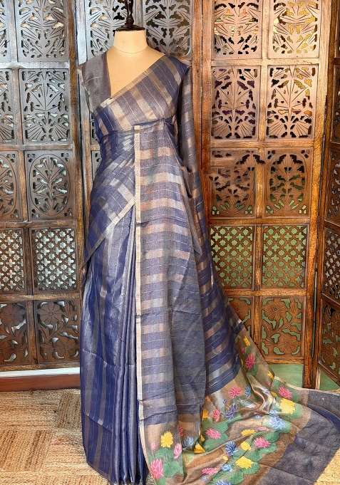 Blue Jute Tissue Saree With Traditional Woven Design For Women