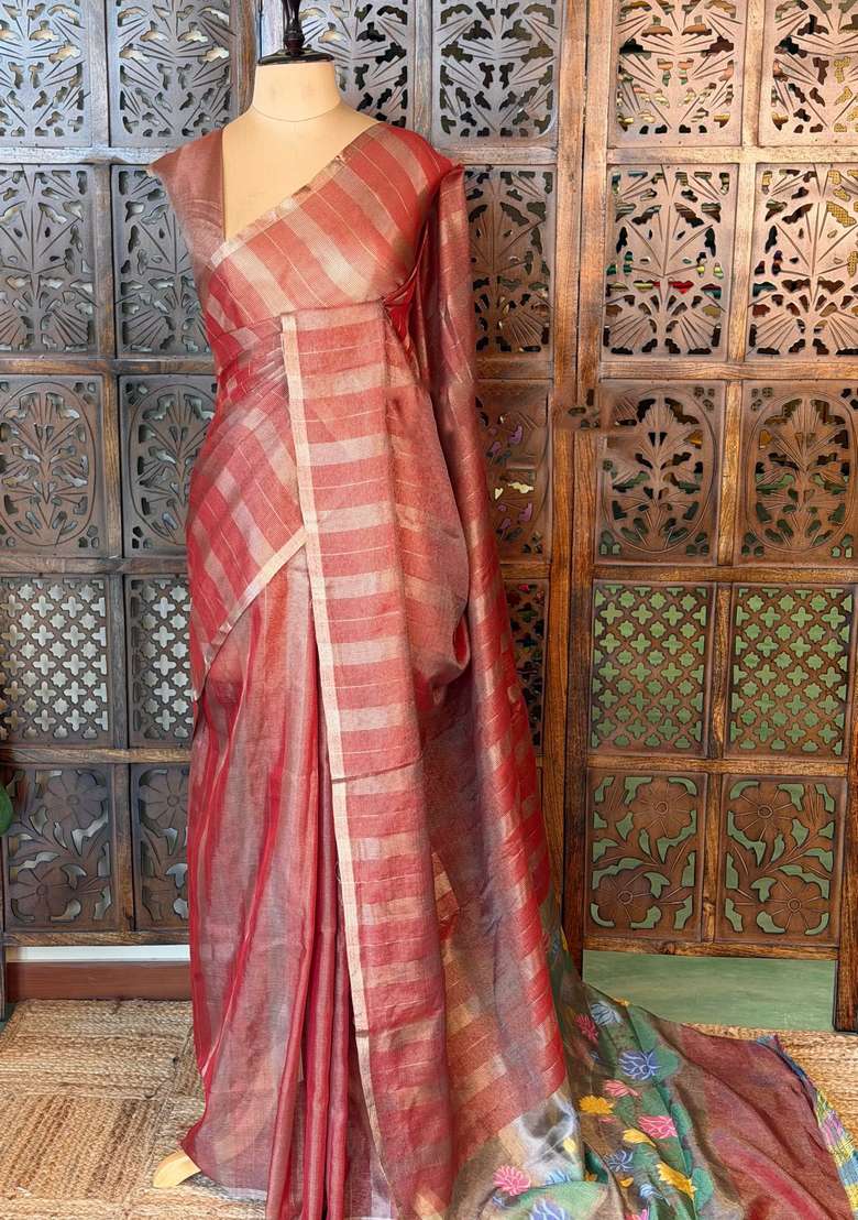 Brick Red Jute Tissue Saree With Traditional Woven Design For Women - Indya