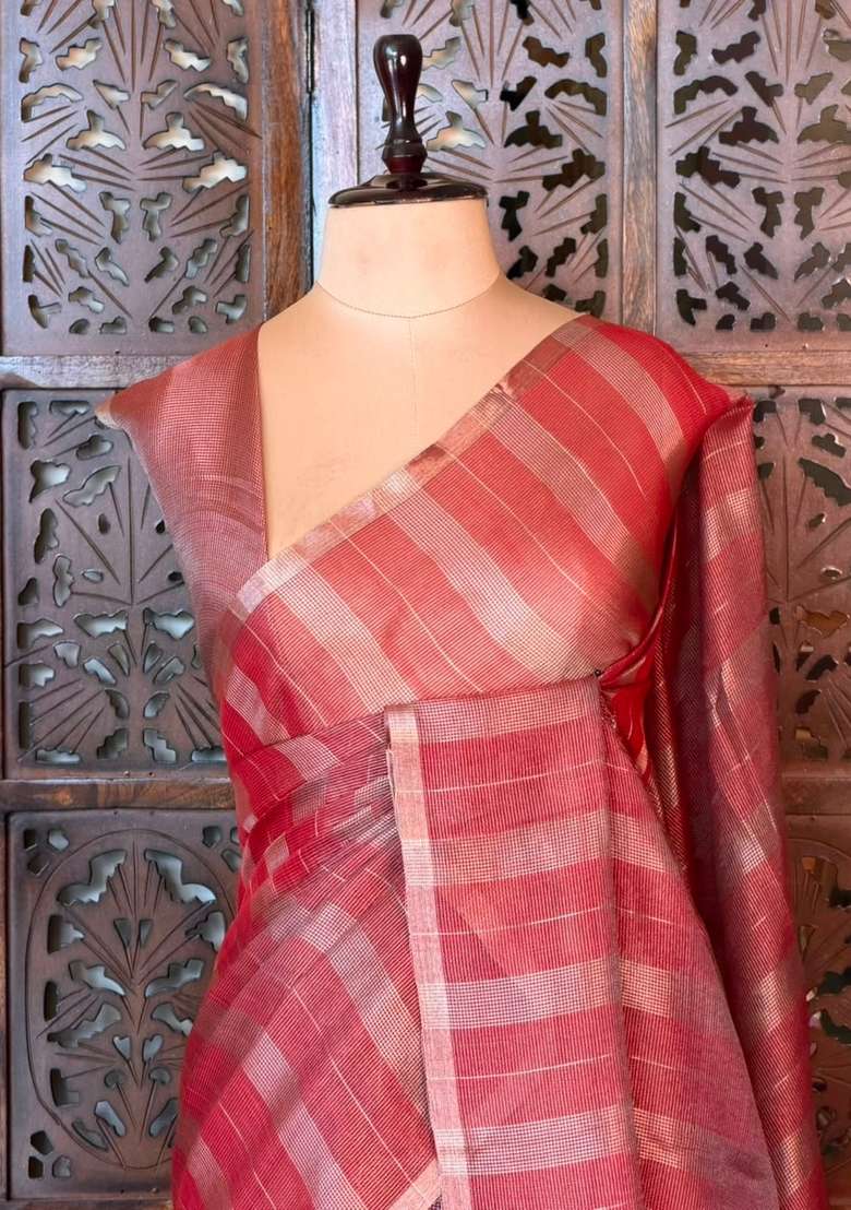 Brick Red Jute Tissue Saree With Traditional Woven Design For Women - Indya