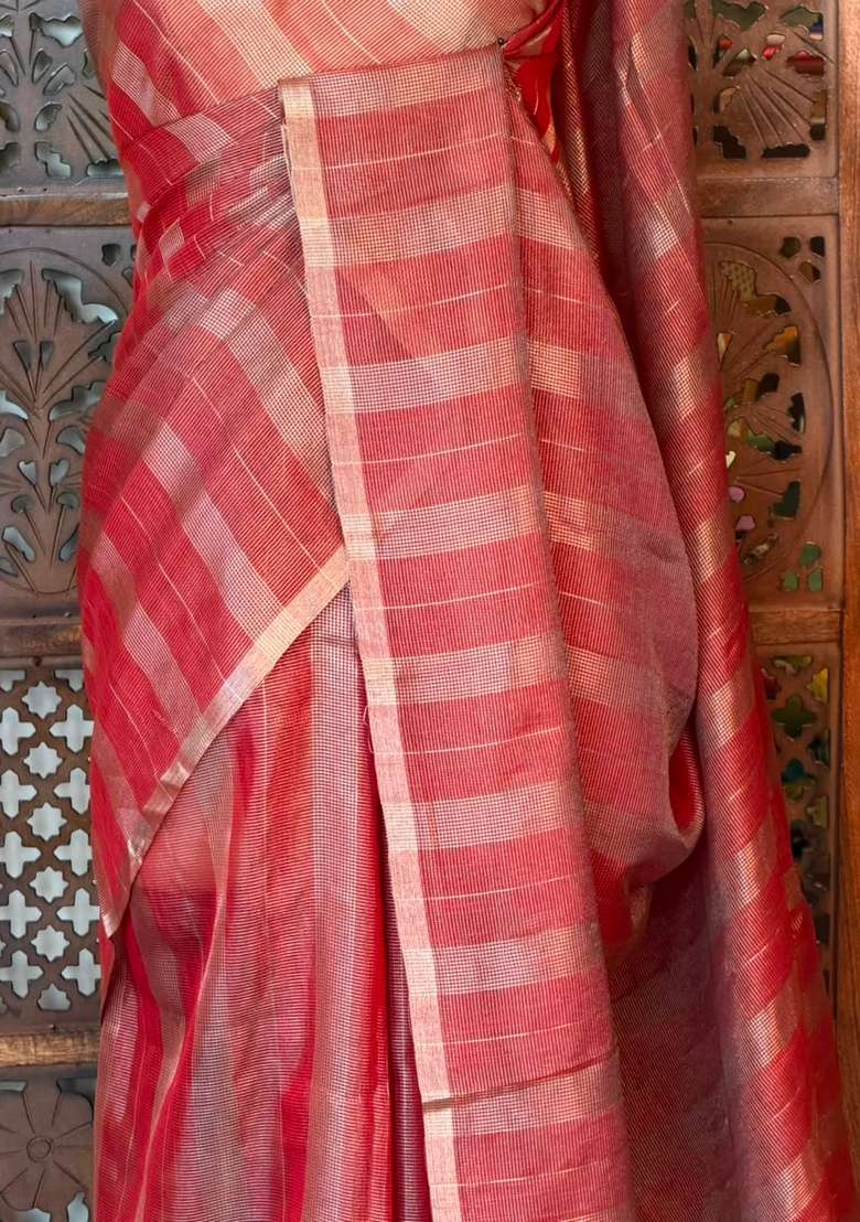 Brick Red Jute Tissue Saree With Traditional Woven Design For Women - Indya