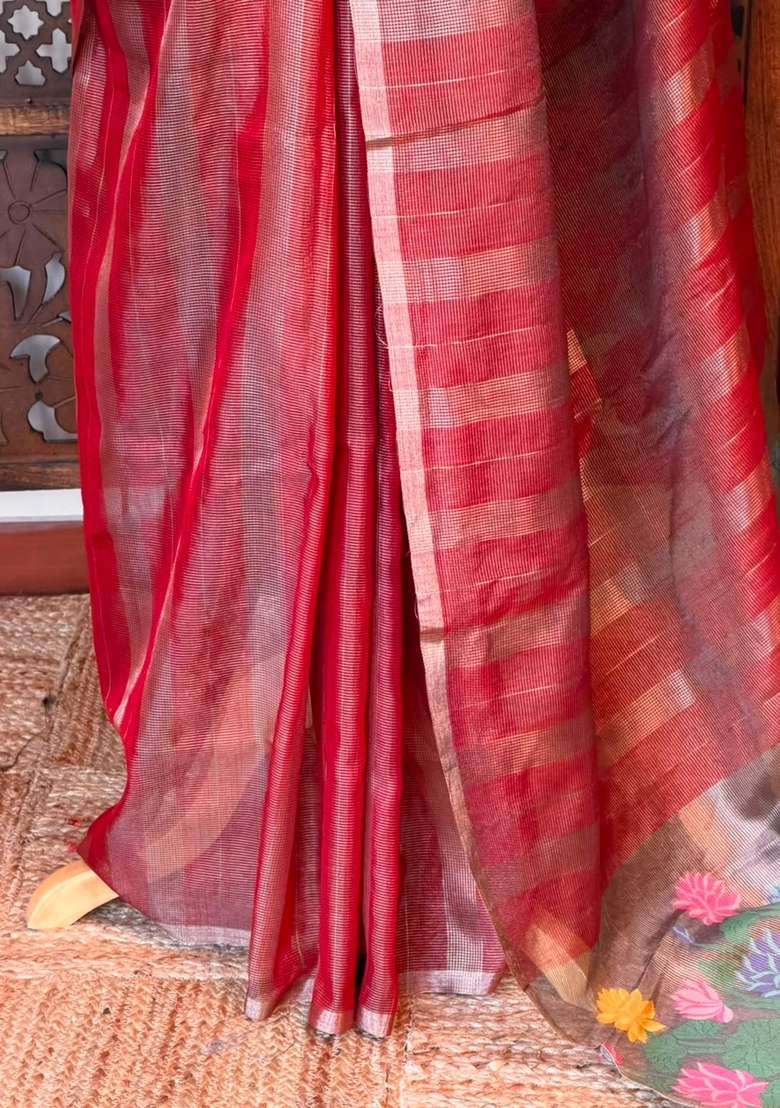 Brick Red Jute Tissue Saree With Traditional Woven Design For Women - Indya
