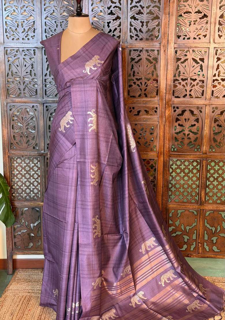 Mauve Tiger Woven Tusser Silk Tussar Saree With Traditional Woven Design For Women - Indya