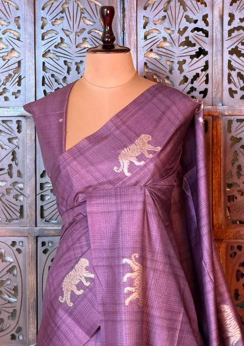 Mauve Tiger Woven Tusser Silk Tussar Saree With Traditional Woven Design For Women - Indya