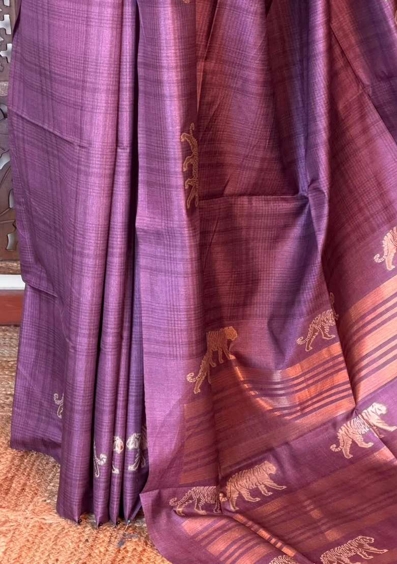 Mauve Tiger Woven Tusser Silk Tussar Saree With Traditional Woven Design For Women - Indya
