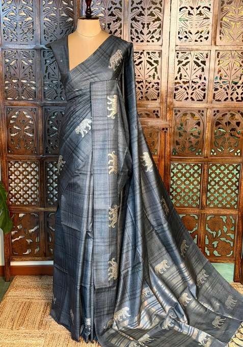 Dark Grey Tiger Woven Tusser Silk Tussar Saree With Traditional Woven Design For Women