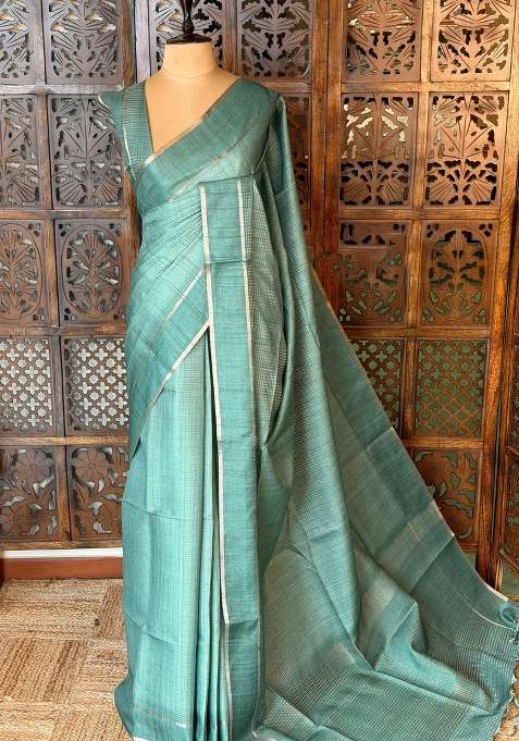 Mint Teal Shade Tusser Silk Tussar Saree With Traditional Woven Design For Women