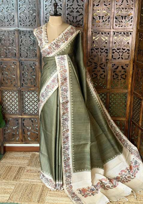 Olive Green Tusser Silk Tussar Saree With Traditional Woven Design For Women