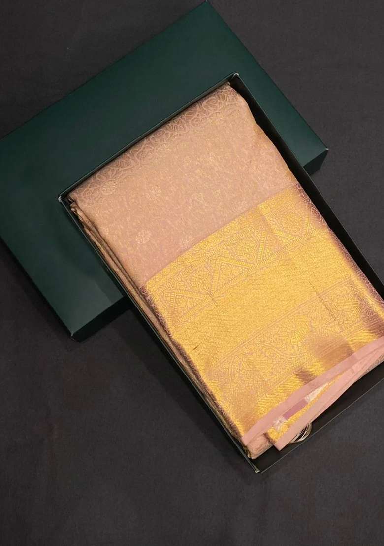 Nude Pink Kanchipuram Silk Saree With Traditional Woven Design For Women - Indya